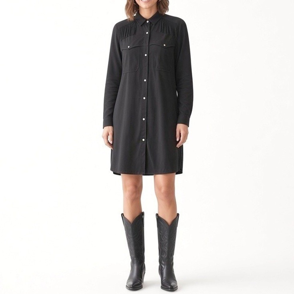 Zara Trafaluc Black Faux Suede Fringe Western Shirt Dress Womens Medium M